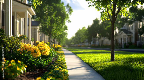 Wallpaper Mural Sunny Suburban Street with Lush Green Lawns and Yellow Flowers Torontodigital.ca