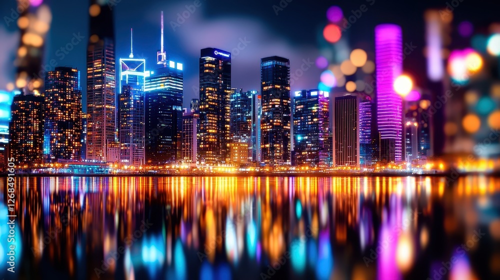 Obraz premium Stunning Nighttime Cityscape with Vibrant Lights and Reflection