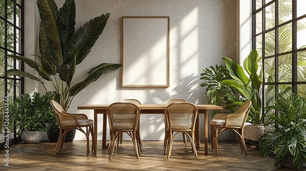 Fototapeta premium Zen Garden Dining: An inviting dining space blending natural elements and minimalist design, where woven chairs encircle a wooden table bathed in sunlight.