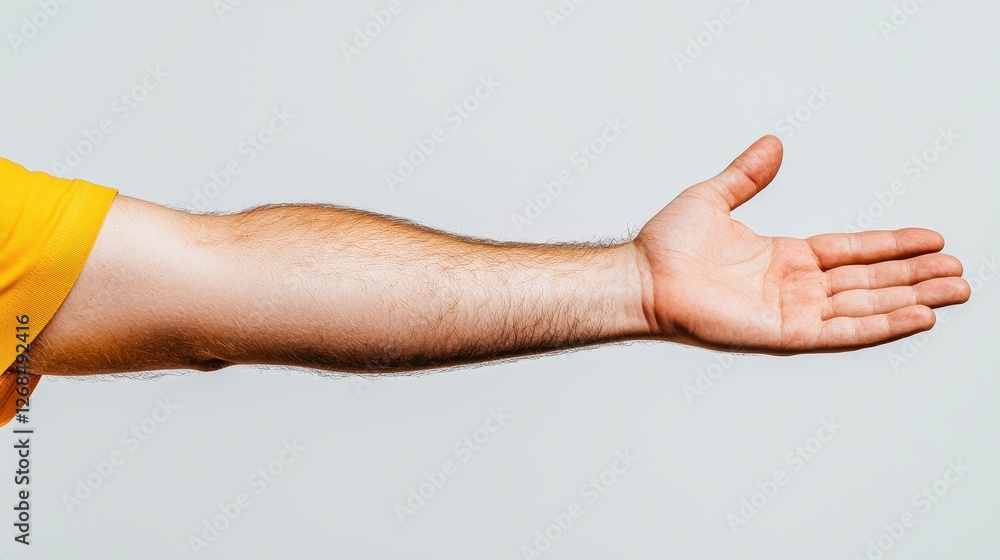 Human Arm Reaching Outward with Open Hand Gesture on Light Background Human Arm Reaching Outward with Open Hand Gesture on Light Background