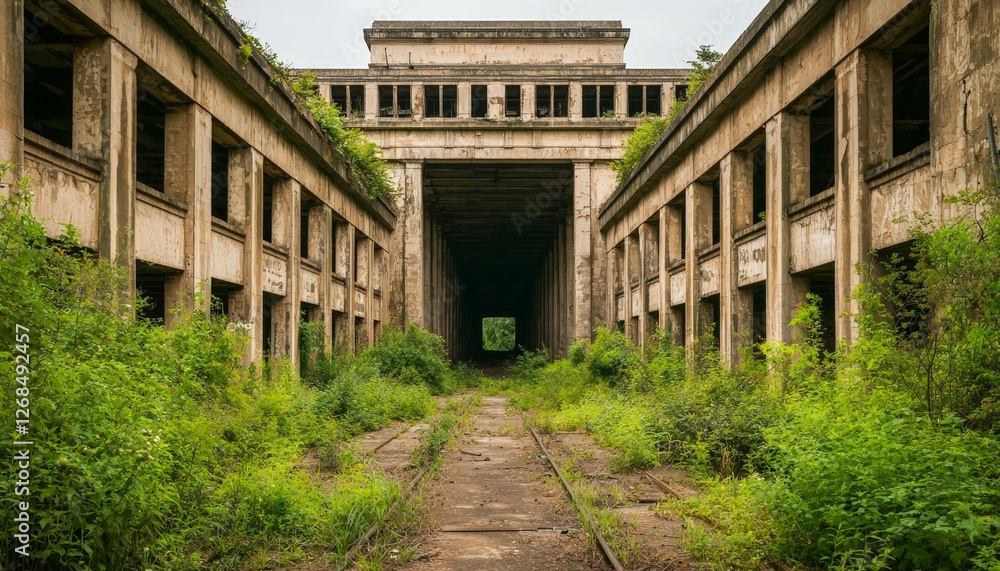 Abandoned Industrial Building Surrounded by Overgrown Vegetation and Tracks