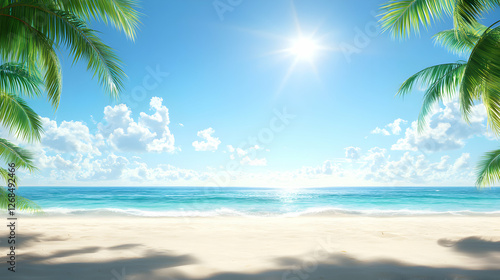 Sunny Tropical Beach Scene with Palm Trees