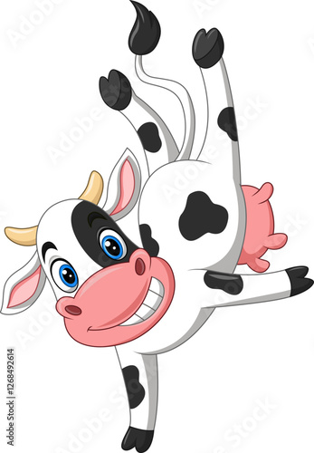 Illustration of a cartoon happy cow dancing upside down