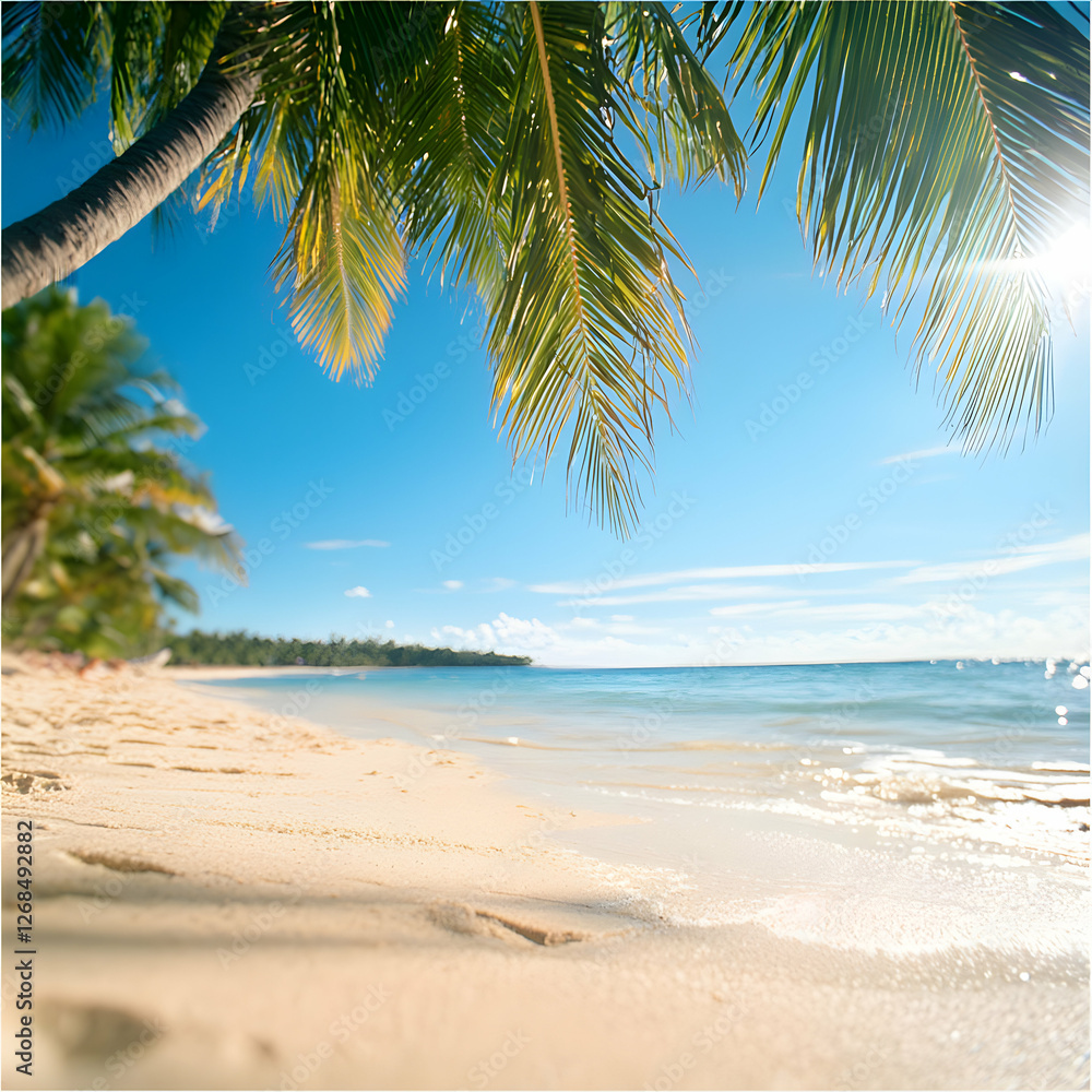 Sunny Tropical Beach Scene with Palm Trees Sunny Tropical Beach Scene with Palm Trees