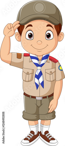 Cartoon of a happy Boy Scout kid saluting