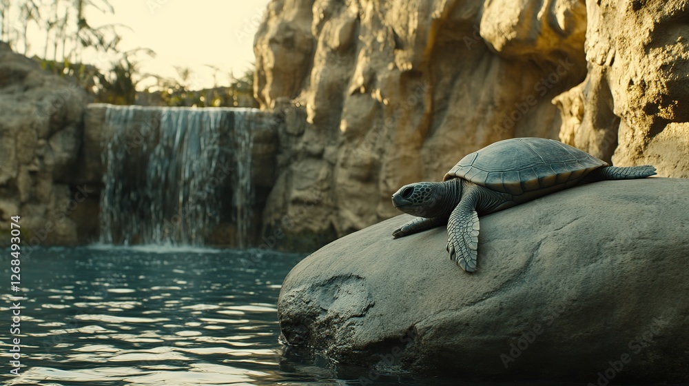 Fototapeta premium Turtle resting rock waterfall pool nature zoo