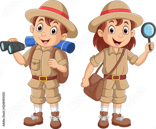Cartoon explorer kid couple holding a magnifying glass and binocular