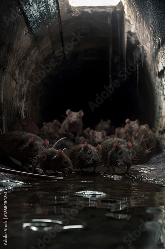 Rats in the sewers looking out from the cannal. Group of wild animals in nature. photo