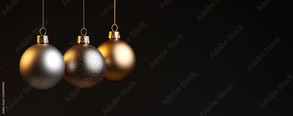 Fototapeta premium Three elegant Christmas ornaments, silver and gold, hang gracefully against a dark background, creating a festive and sophisticated atmosphere.