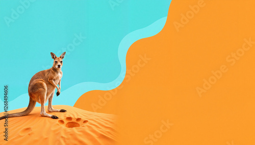 Playful kangaroo posing on vibrant desert sand, artistic expression photo