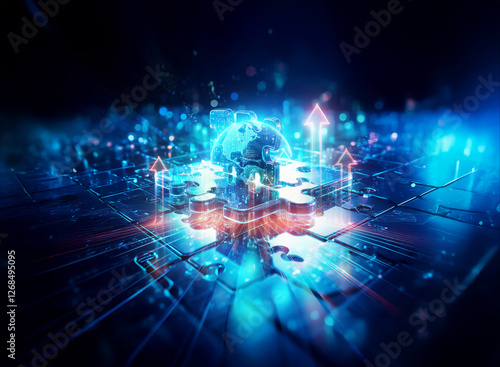 Wallpaper Mural Glowing globe with upward arrows on a futuristic circuit board. Bright blue and orange lights suggest digital network, global growth and connection. Torontodigital.ca