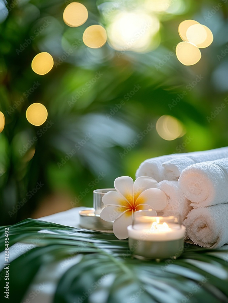 Towels and spa items on a table with a tropical flower, green leaves, candles, and a bokeh background for a wellness or massage concept.