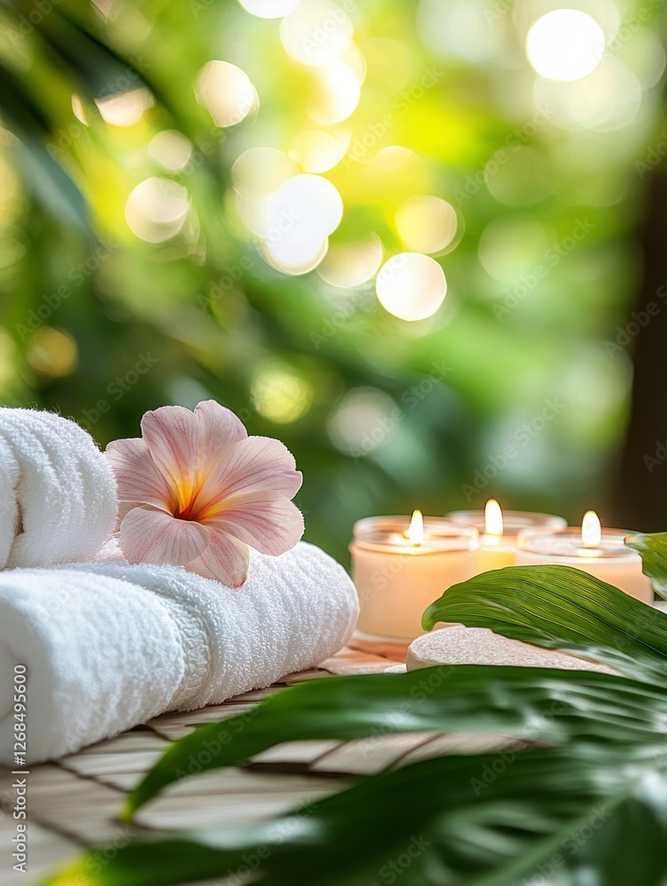 Towels and spa items on a table with a tropical flower, green leaves, candles, and a bokeh background for a wellness or massage concept. Towels and spa items on a table with a tropical flower, green leaves, candles, and a bokeh background for a wellness or massage concept.