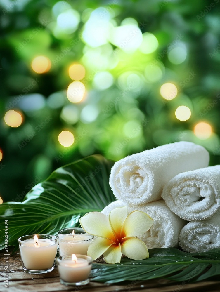 Towels and spa items on a table with a tropical flower, green leaves, candles, and a bokeh background for a wellness or massage concept. Towels and spa items on a table with a tropical flower, green leaves, candles, and a bokeh background for a wellness or massage concept.