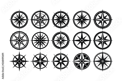 Set of vintage compass rose icons in black and white, nautical navigation symbols collection, maritime decorative elements for maps and designs