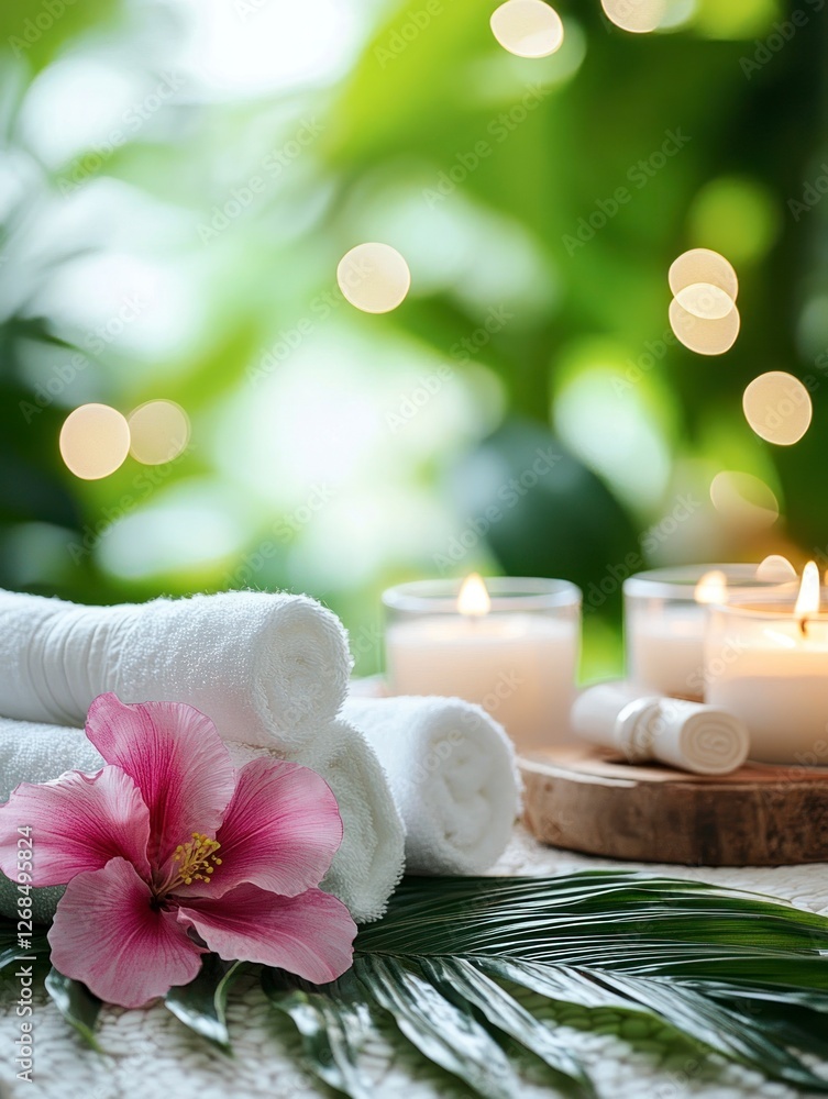 Towels and spa items on a table with a tropical flower, green leaves, candles, and a bokeh background for a wellness or massage concept. Towels and spa items on a table with a tropical flower, green leaves, candles, and a bokeh background for a wellness or massage concept.