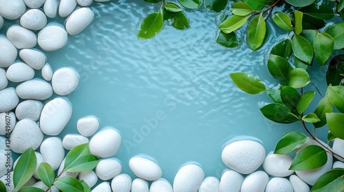 White pebbles arranged in the shape of an oval, with clear water and green leaves surrounding them. The background is a light blue, creating a tranquil atmosphere