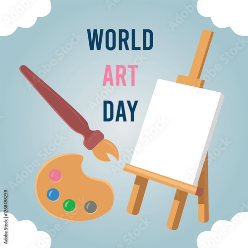 World art day text with easel brush and palette illustration design.