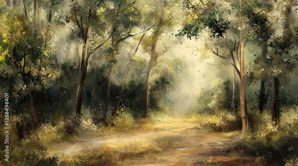 Obraz premium Serene Forest Path Sunlight Dappled Through Trees