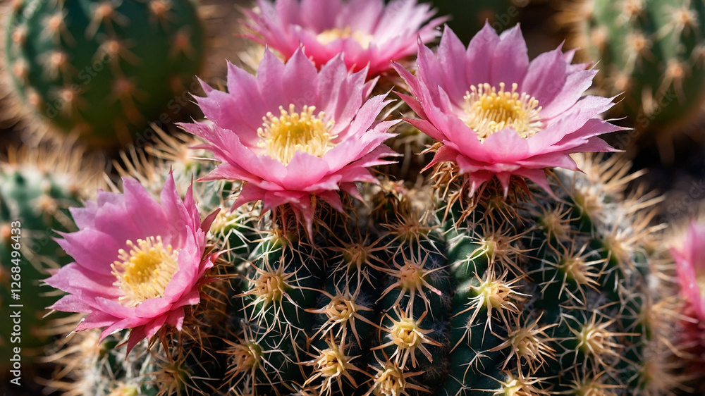 Close-up of pink flowers of cactus mammillaria blooming Close-up of pink flowers of cactus mammillaria blooming