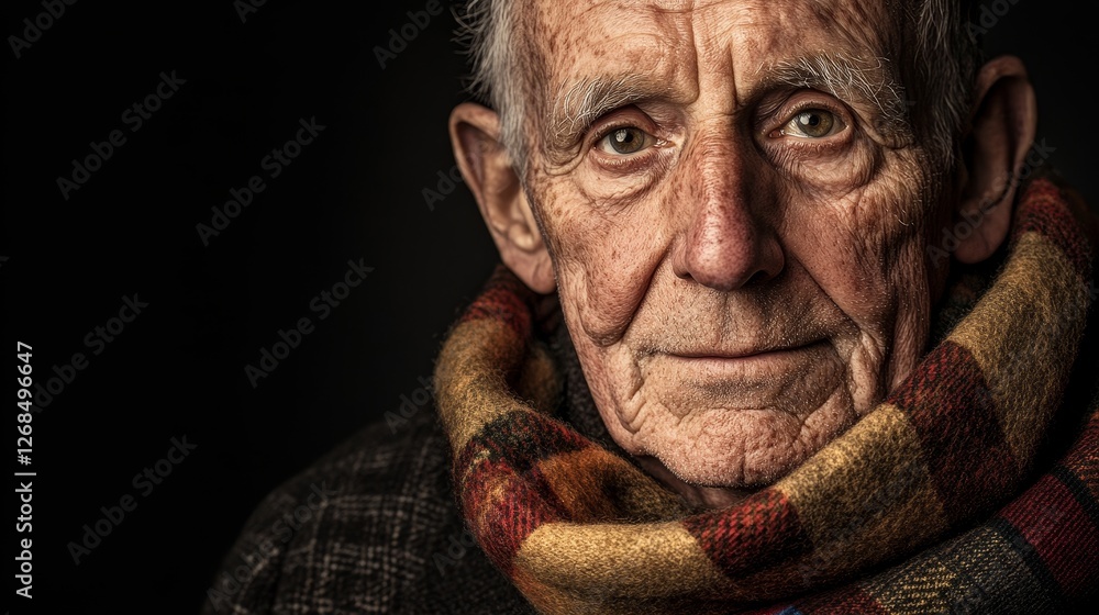 Portrait of an elderly man with a thoughtful expression and a colorful scarf Portrait of an elderly man with a thoughtful expression and a colorful scarf