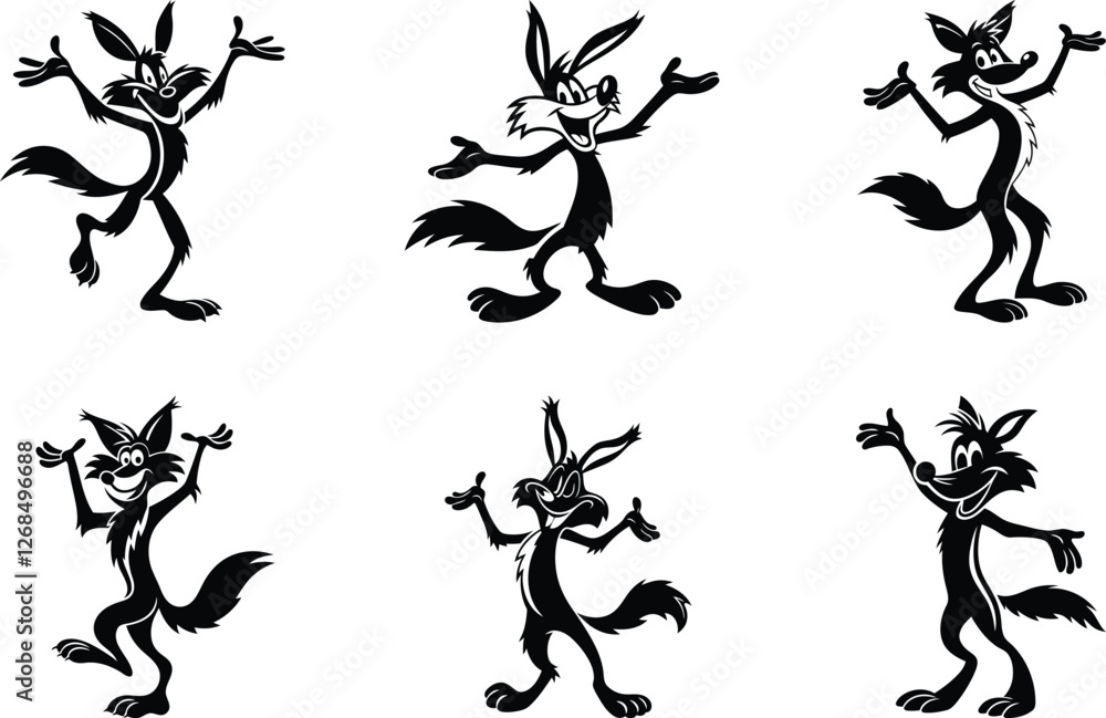 Cute funny dancing Coyote silhouette vector illustration set, Cute funny dancing Coyote line art isolated vector art with transparent background Cute funny dancing Coyote silhouette vector illustration set, Cute funny dancing Coyote line art isolated vector art with transparent background