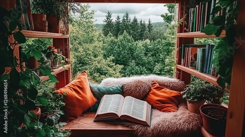 Cozy forest nook reading window seat photo