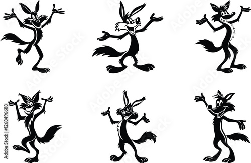 Cute funny dancing Coyote silhouette vector illustration set, Cute funny dancing Coyote line art isolated vector art with transparent background