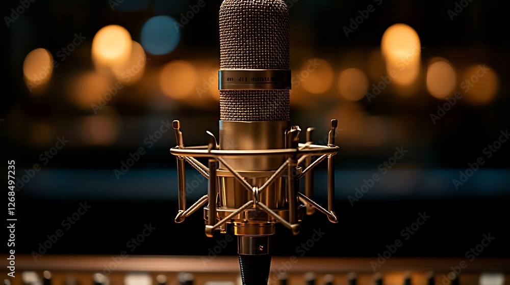 Golden Microphone Warmly Lit Studio Recording Session. AI Generated Golden Microphone Warmly Lit Studio Recording Session. AI Generated