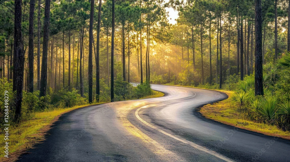 Fototapeta premium Winding Road Through Sunlit Pine Forest
