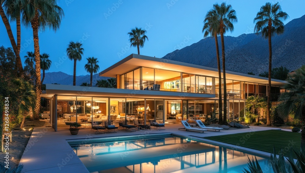 Fototapeta premium Luxury Desert Residence at Dusk: Palm Springs Architectural Gem