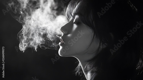 Monochrome portrait of a woman exhaling smoke in dark ambient lighting photo