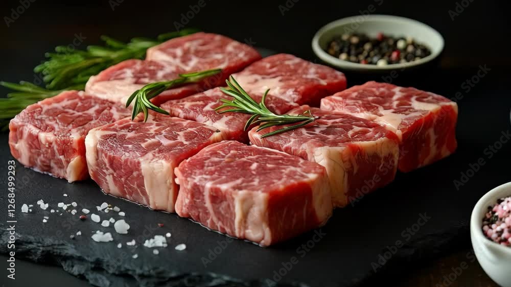 Elegant display raw steak, meat preparation in kitchen. Elegant display raw steak, meat preparation in kitchen.