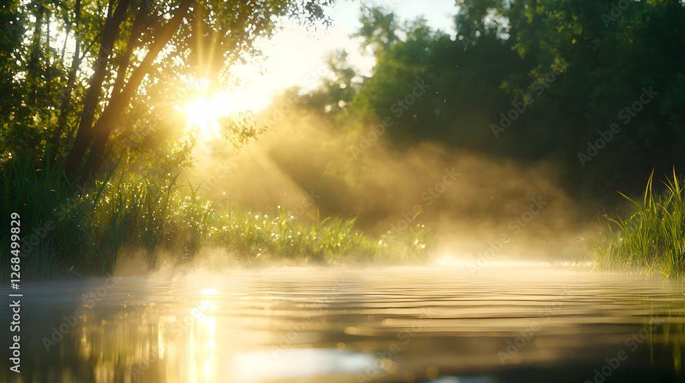 Sunrise over Misty River in Green Forest Sunrise over Misty River in Green Forest