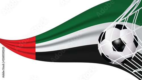 Soccer football ball in goal net with UAE United Arab Emirates wavy flag، Sports accessory equipment and waving flag illustration vector