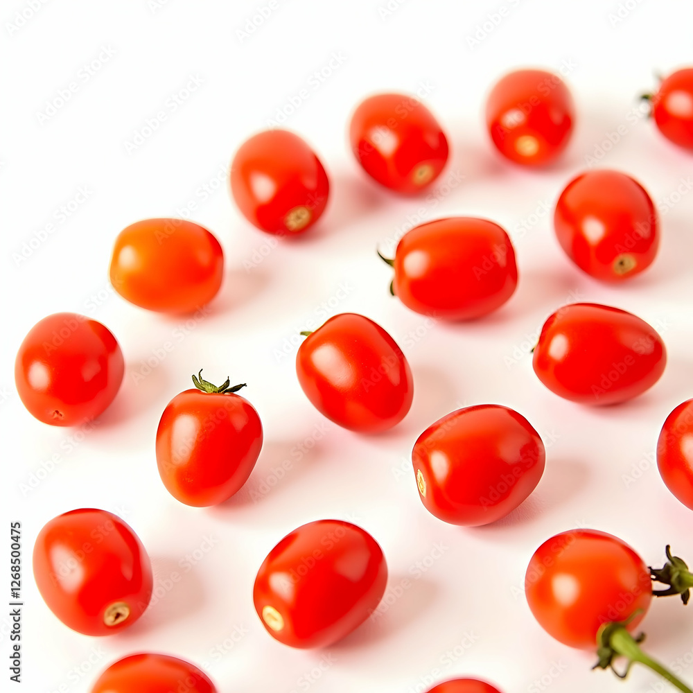 Vivid, glossy cherry tomatoes arranged symmetrically in a clean macro food styling shot, emphasizing their fresh, organic texture, bright red hue, and gourmet culinary appeal in an appetizing composit Vivid, glossy cherry tomatoes arranged symmetrically in a clean macro food styling shot, emphasizing their fresh, organic texture, bright red hue, and gourmet culinary appeal in an appetizing composit