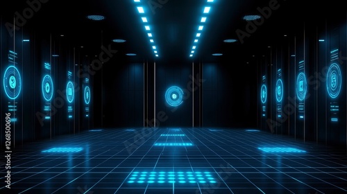 Futuristic Server Room with Holographic Data Displays and Illuminated Grid Floor