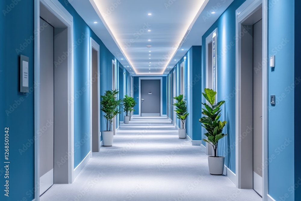 Serene Hotel Corridor: Modern Interior Design with Blue Walls and Plants Serene Hotel Corridor: Modern Interior Design with Blue Walls and Plants
