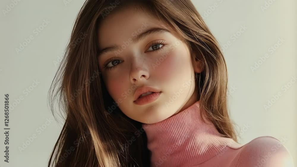 Portrait of a beautiful young woman with long brown hair. 