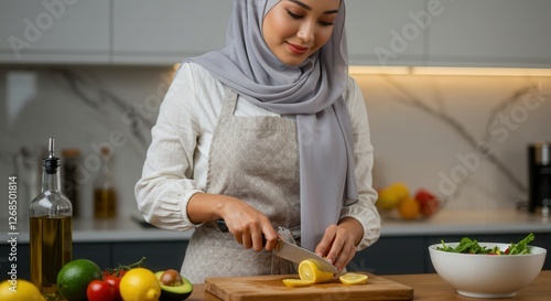 a woman prepares fresh ingredients slicing lemon in her kitchen for iftar meal highlighting culinary skills and ramadan observance