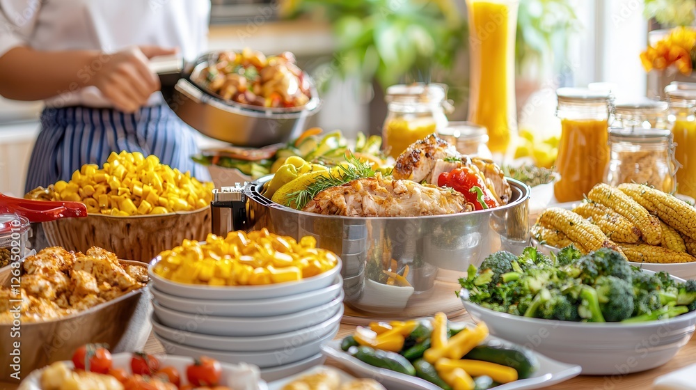 Fototapeta premium Air fryer for clean cooking in the kitchen. Vibrant spread of various delicious dishes and drinks on a table.