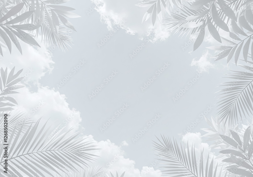 Obraz premium 南国の草木と雲をフレームにした背景画