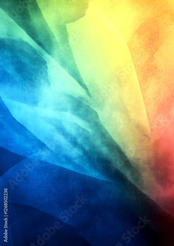 A colorful abstract painting with a blue and green swirl. The painting is full of texture and he is a representation of a flower