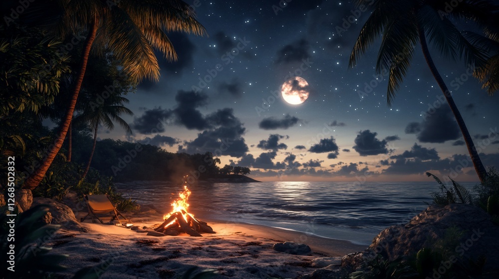 Tropical beach bonfire at night under full moon.