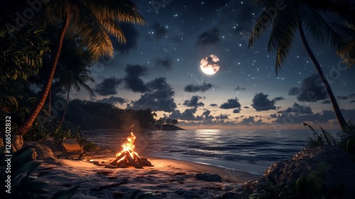 Obraz na płótnie Tropical beach bonfire at night under full moon. w salonie