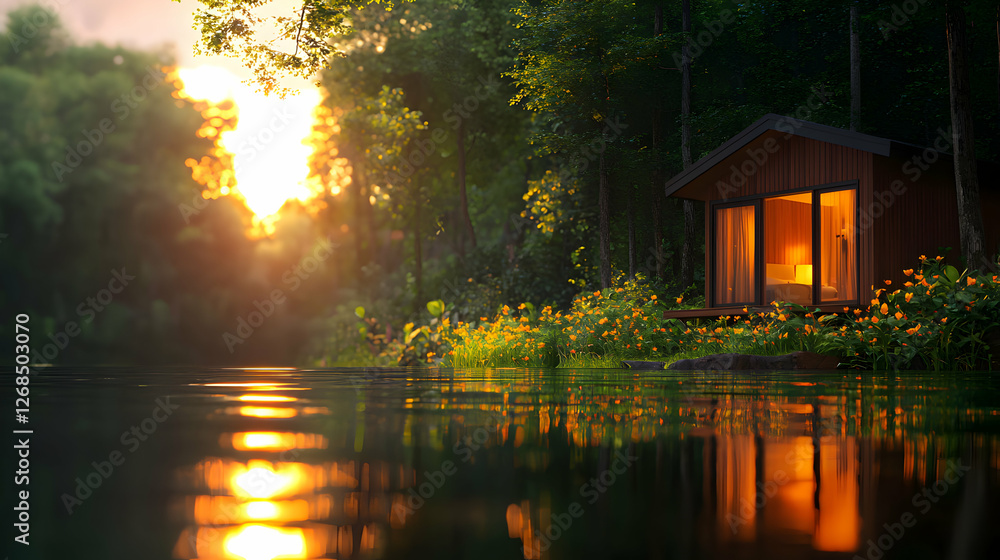 Fototapeta premium Sunset Cabin by the River