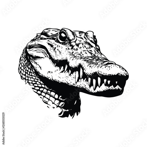 Crocodile head isolated on white background showing sharp teeth and predator features