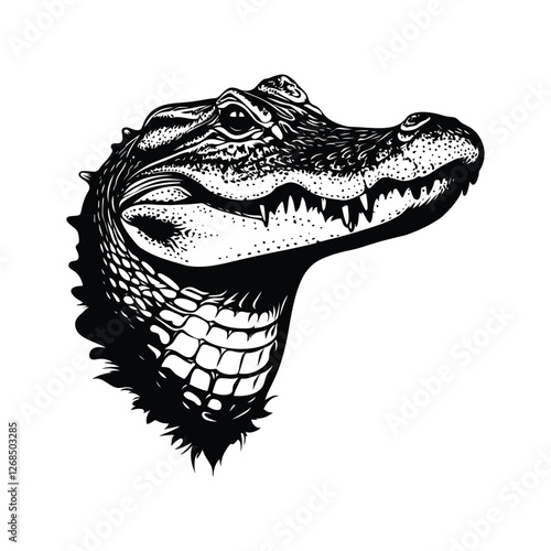 Crocodile head isolated on white background with sharp teeth and wild, dangerous appearance