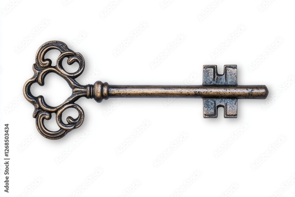 Antique ornate key isolated on white background; security concept Antique ornate key isolated on white background; security concept