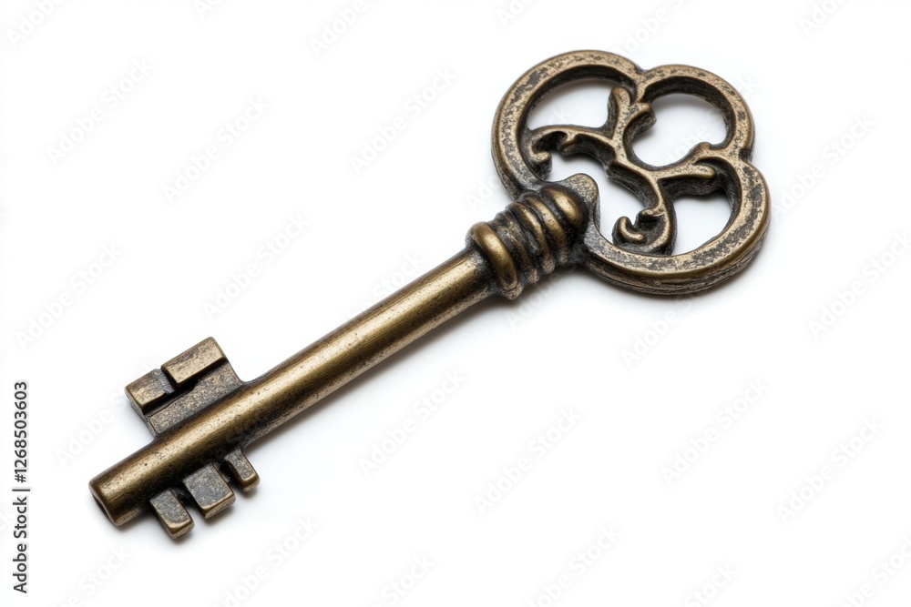Antique key isolated on white, ornate design, security concept Antique key isolated on white, ornate design, security concept